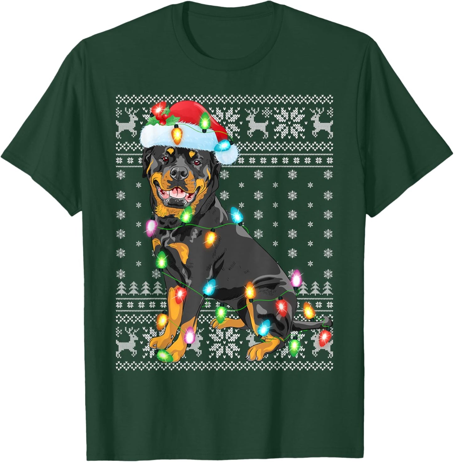 Ugly Sweater Xmas Lights Santa Hat Rottweiler Dog Christmas T-Shirt - T-Shirt | Forest