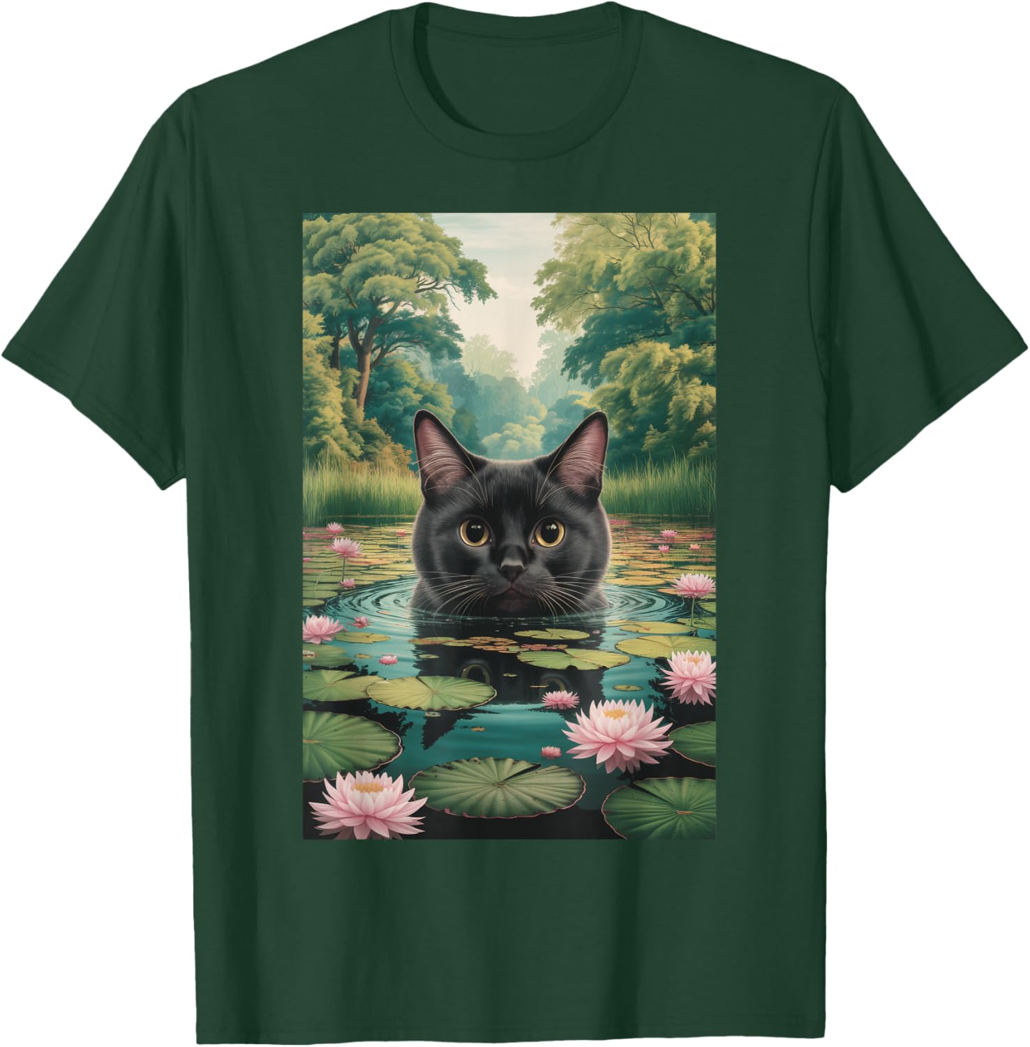 Black Cat Monets Waterlily Painting Art Cat T-Shirt - T-Shirt | Forest
