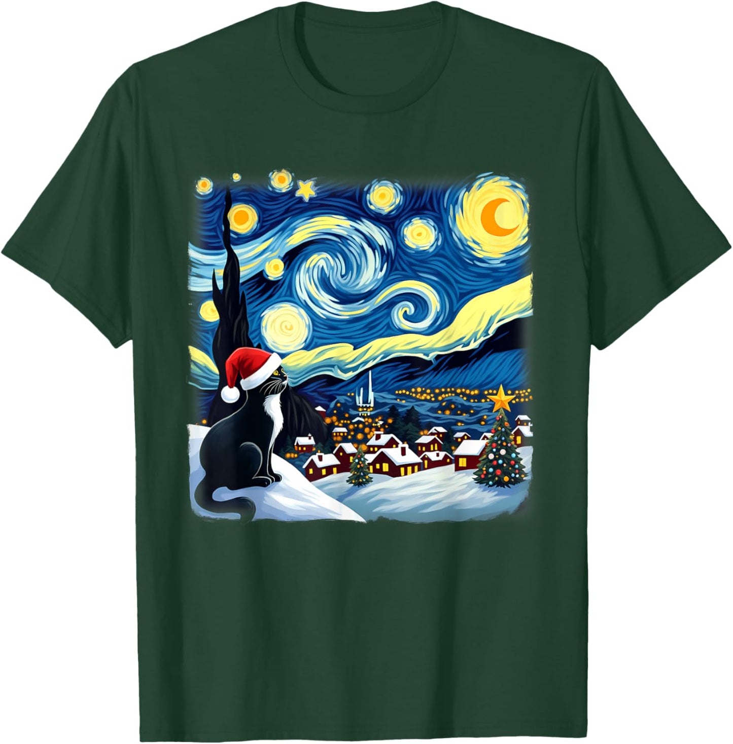 Christmas Tuxedo Cat Starry Night Men Women Kids T-Shirt - T-Shirt | Forest