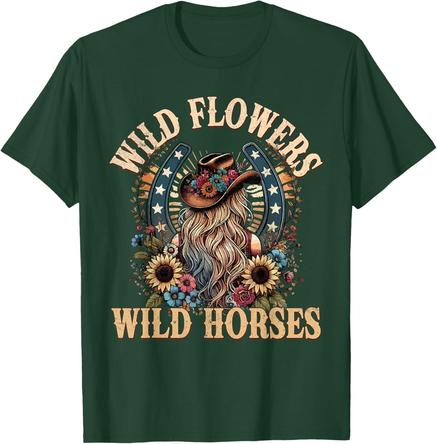 Retro Southern Sunset Cowgirl Wild Flowers - Wild Horses T-Shirt - T-Shirt | Forest