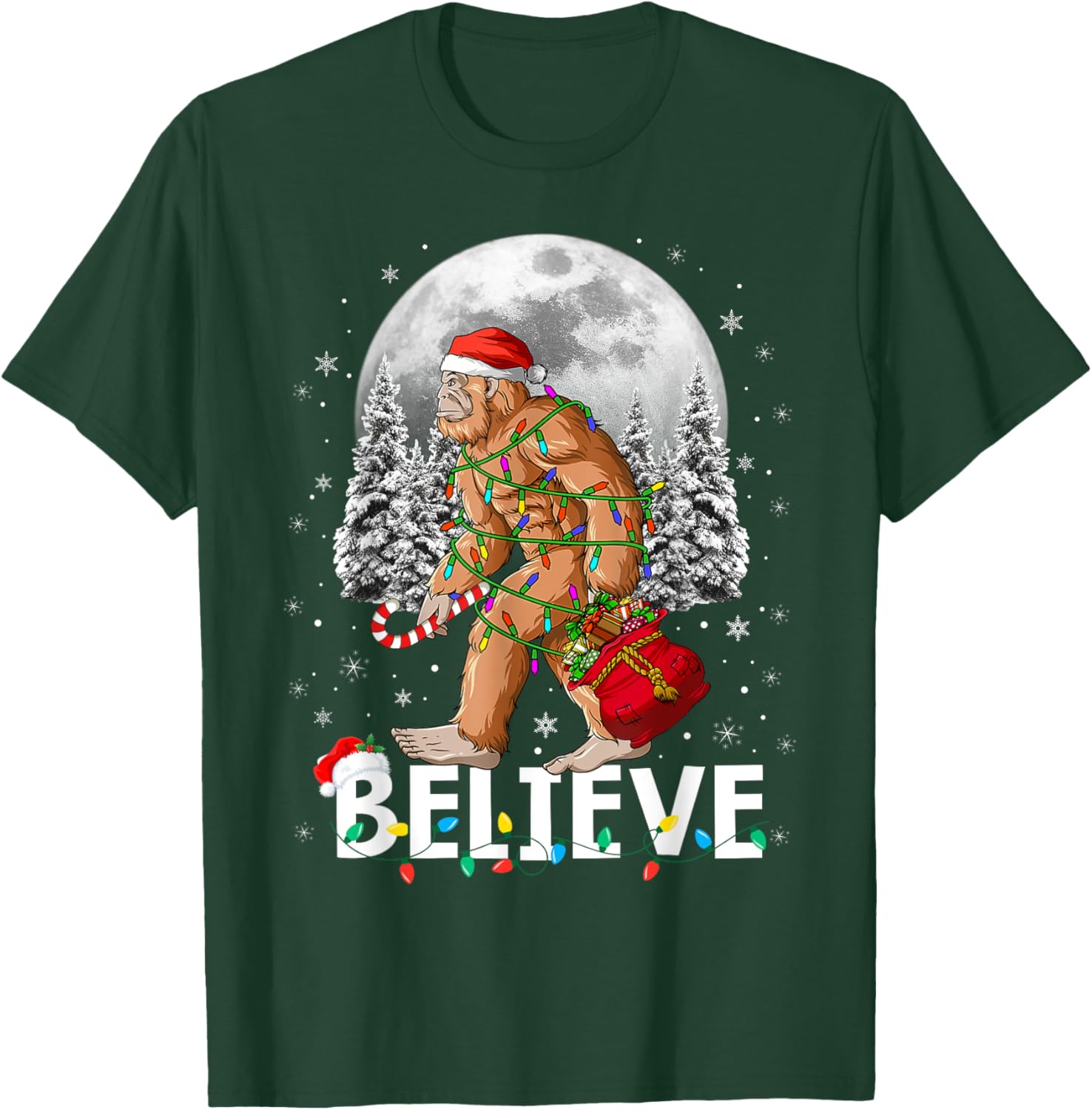 Santa Bigfoot Christmas Lights Funny Sasquatch Believe Xmas T-Shirt - T-Shirt | Forest