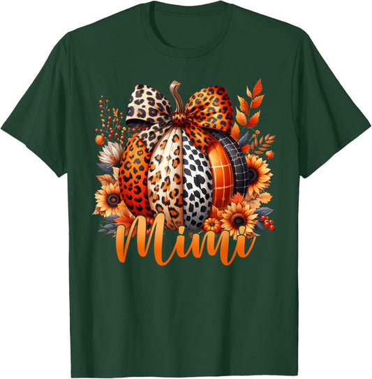 Mimi Thanksgiving Leopard Pumpkin Sunflower Coquette Bow T-Shirt - T-Shirt | Forest