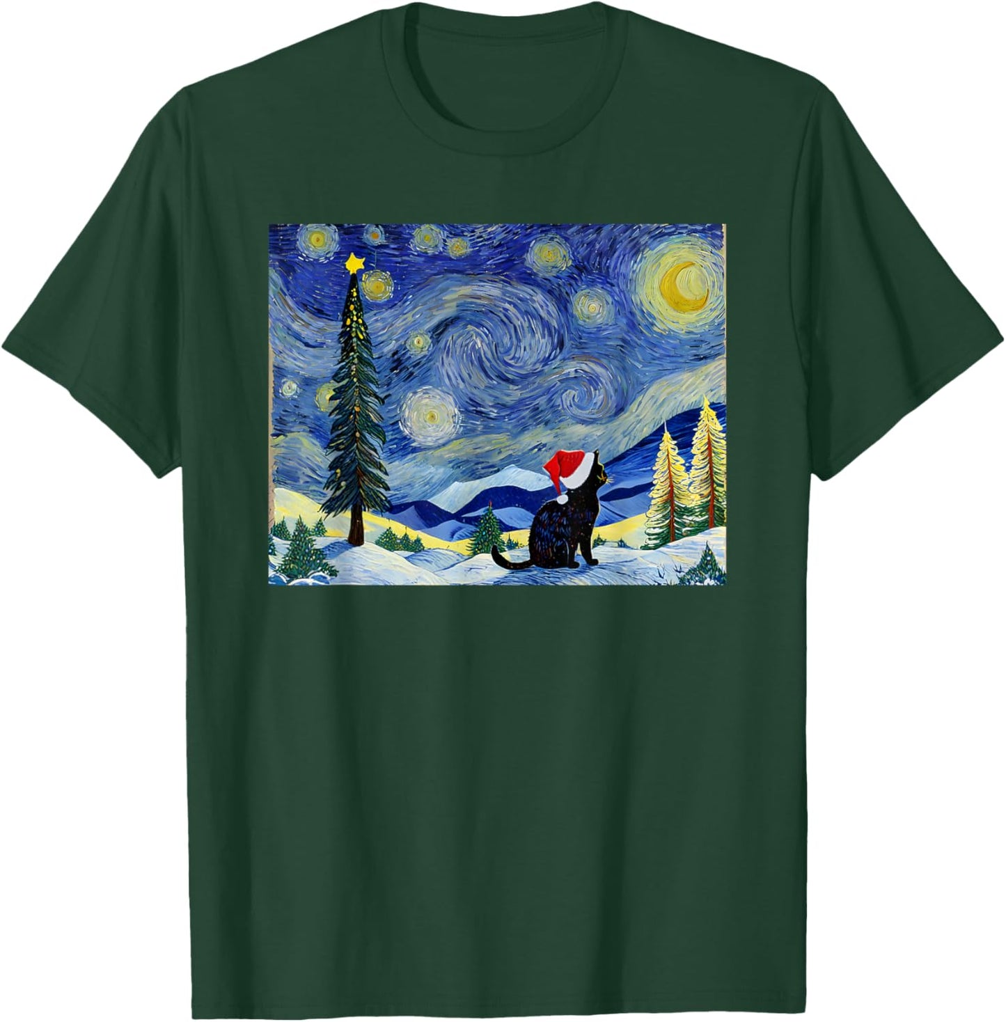 Cat Starry Night Van Gogh Christmas Black Cats Lover Women Kids T-Shirt - T-Shirt | Forest