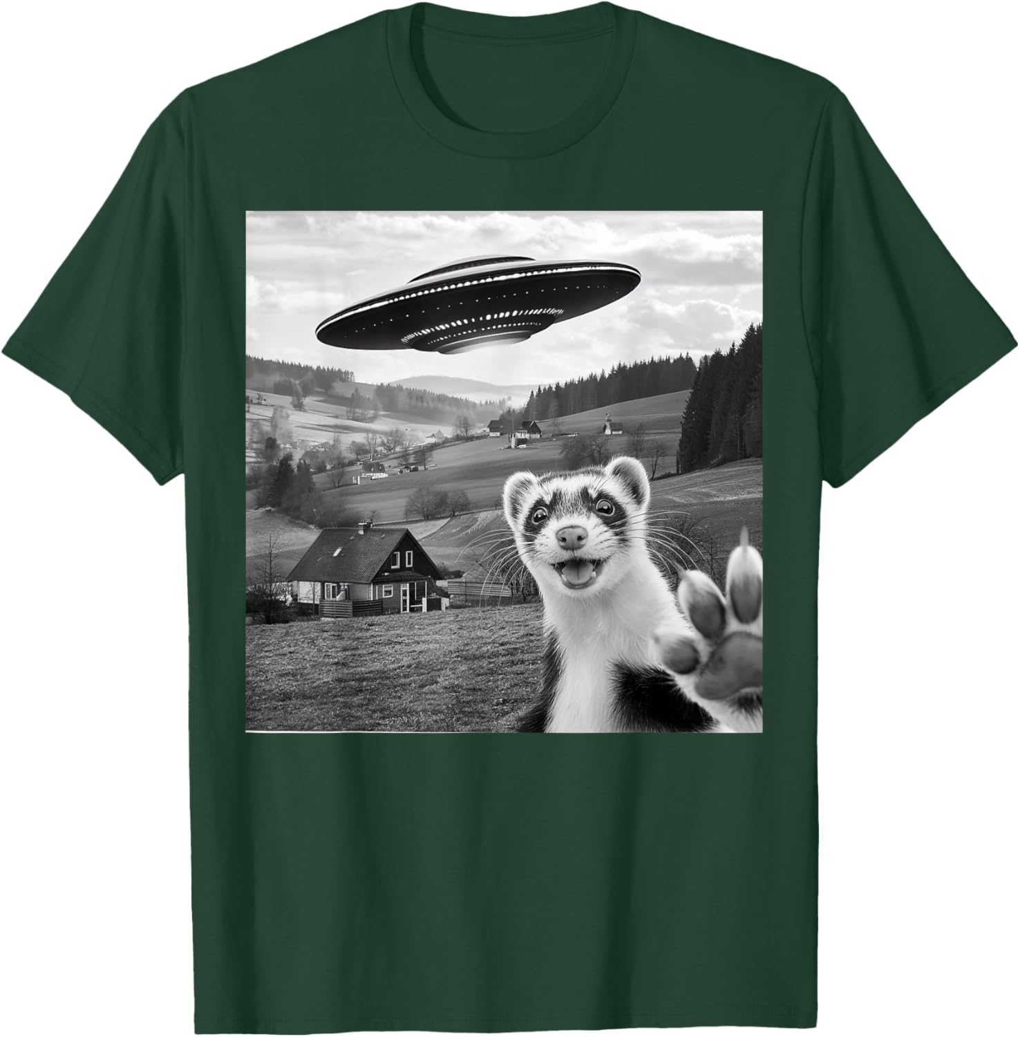 Ferret Selfie With Alien UFO Funny Gifts Women Kid T-Shirt - T-Shirt | Forest