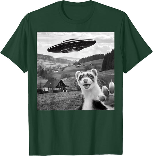 Ferret Selfie With Alien UFO Funny Gifts Women Kid T-Shirt - T-Shirt | Forest