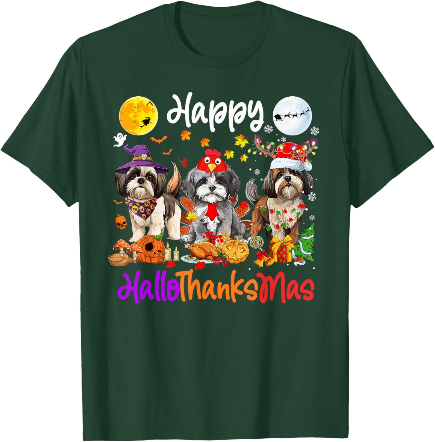 Halloween Thanksgiving Christmas Shih Tzu Dog Hallothanksmas T-Shirt - T-Shirt | Forest