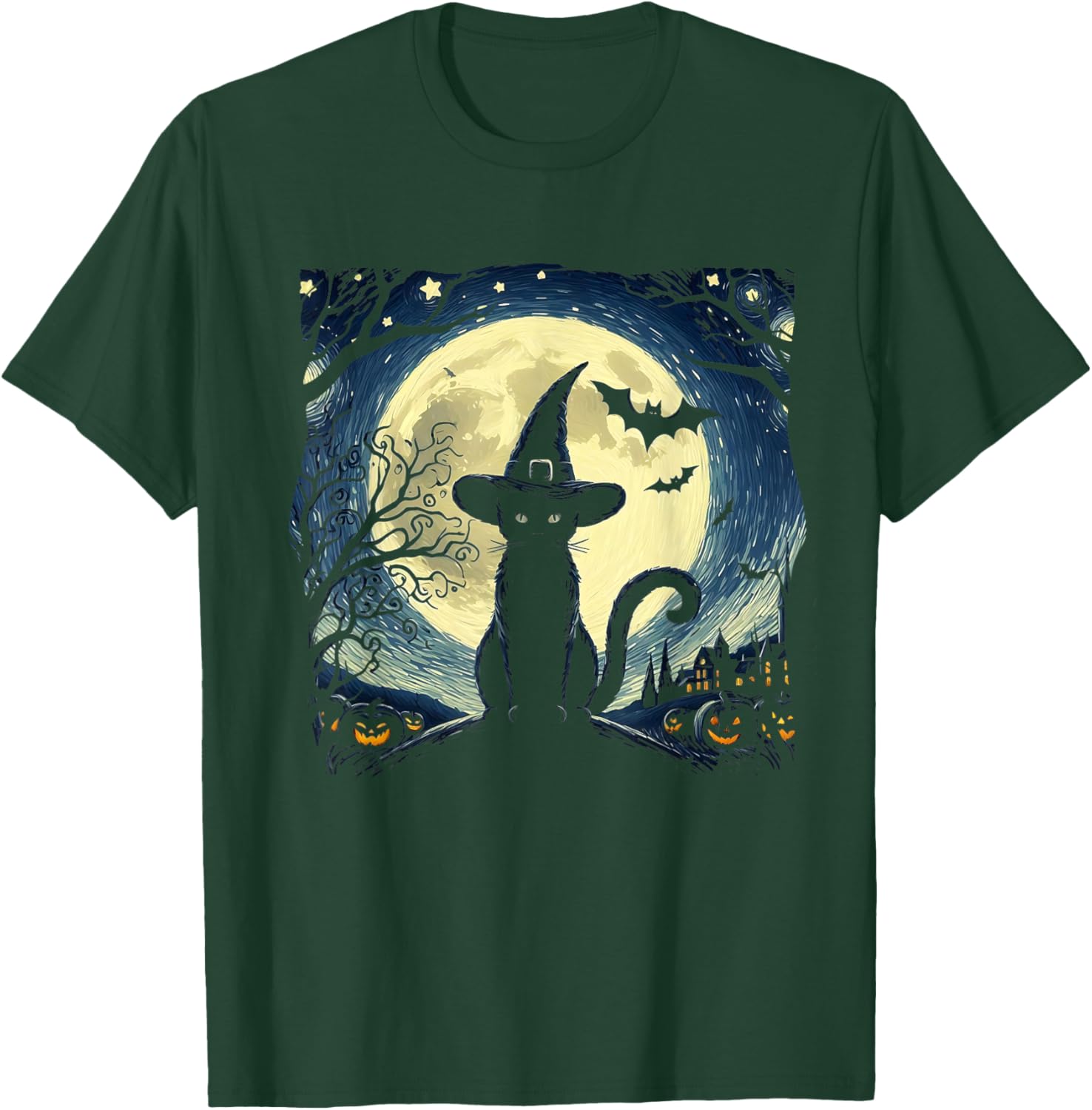 Vintage Scary halloween black cat Van gogh Starry Night Moon Women Kids T-Shirt - T-Shirt | Forest