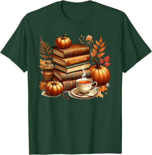 Books Coffee Fall Leaves and Pumpkins Autumn Reading Vintage T-Shirt - T-Shirt | Forest