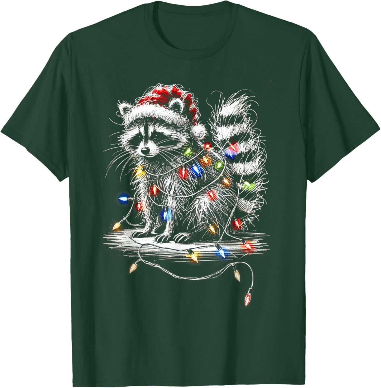 Funny Raccoon Santa Hat Christmas Tree Lights Pajama T-Shirt - T-Shirt | Forest
