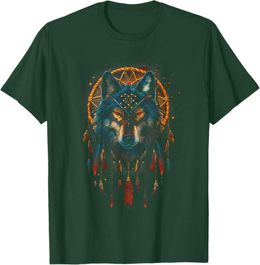Colorful Mantra Spirit Animal Dreamcatcher Shop Wolf Dreamcatcher Native American Indian Feathers Arts -Adults Black Small Modern Tribal Boho Motif Round Collar Short Sleeve T-Shirt - T-Shirt | Forest