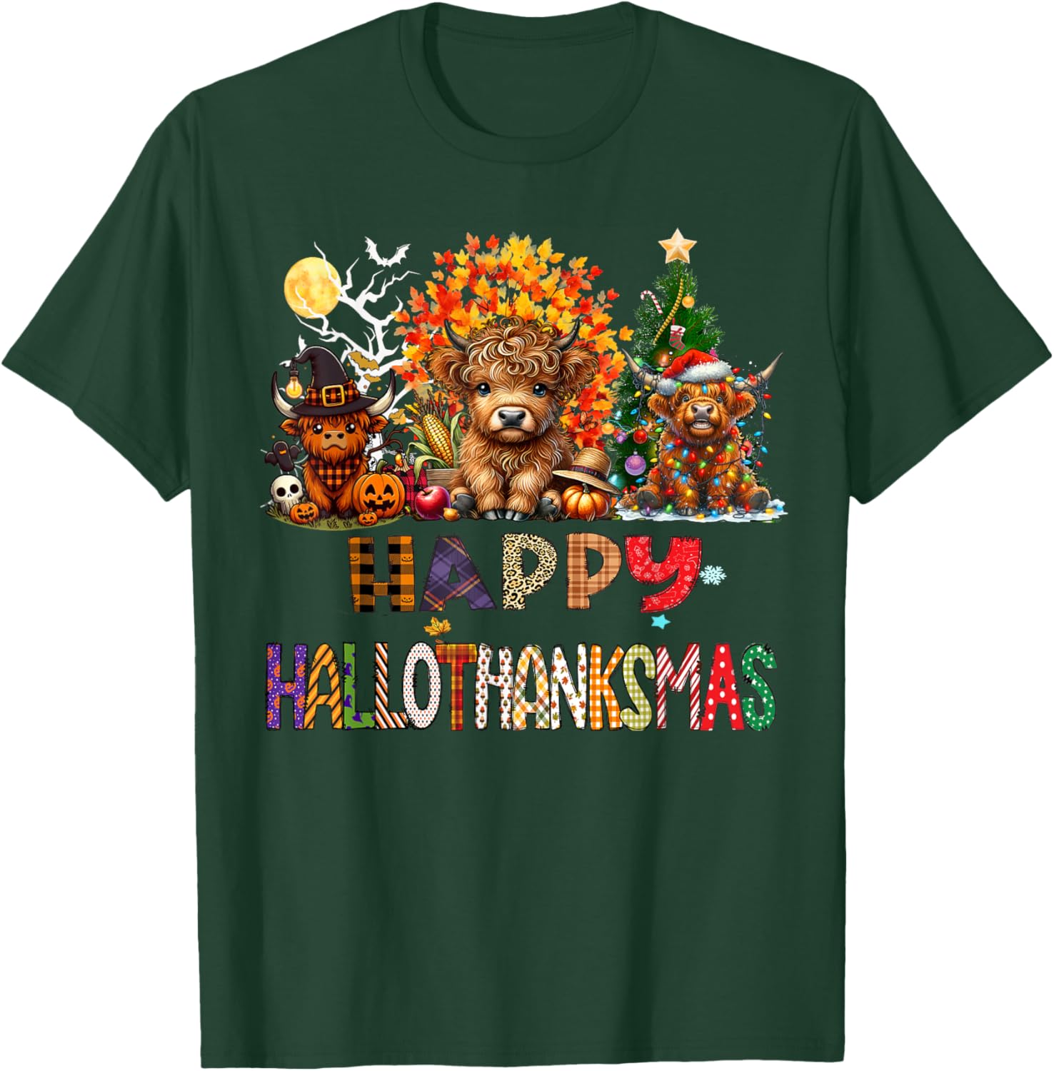 Happy Halloween Thanksgiving Christmas Highland Cow Holiday T-Shirt - T-Shirt | Forest