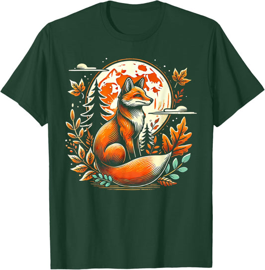 Cottagecore Fox Fall Leaves Aesthetic Retro Moon Autumn T-Shirt - T-Shirt | Forest