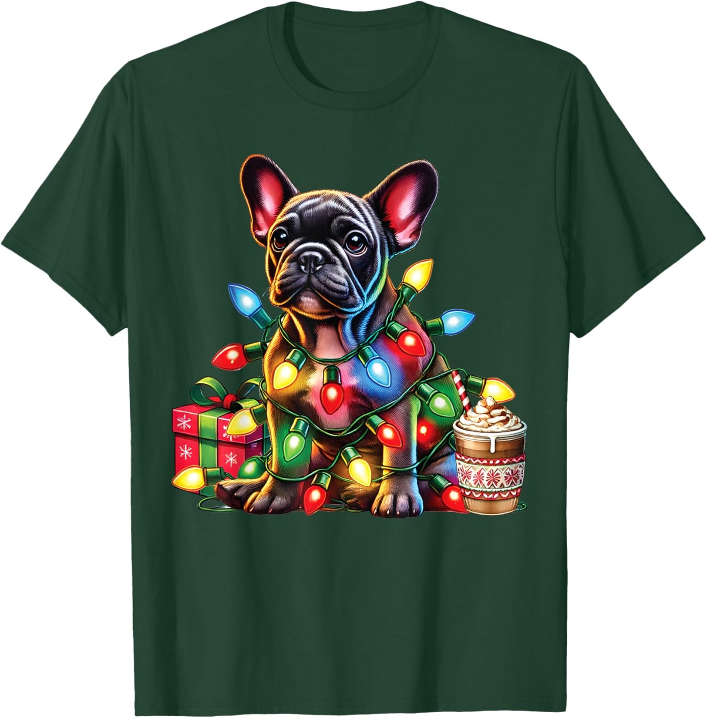 French bulldog Lovers Xmas Reindeer Antlers Christmas Lights Men Women Kids T-Shirt - T-Shirt | Forest