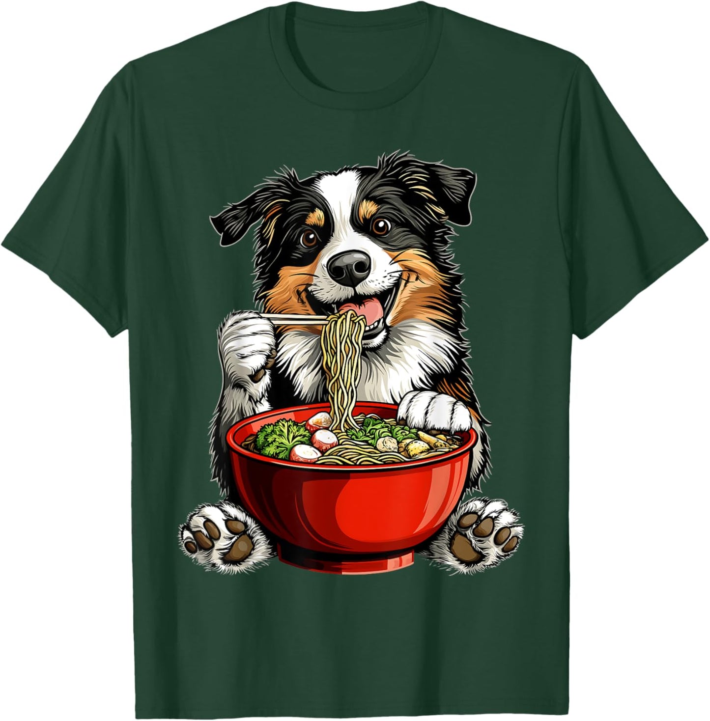 Border Collie Dog Eating Ramen Bowl Japanese Noodles T-Shirt - T-Shirt | Forest