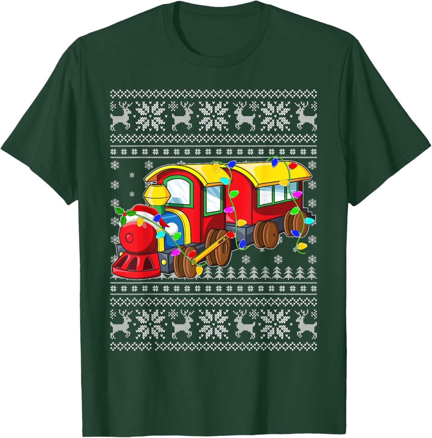 Ugly Sweater Xmas Lights Santa Hat Train Christmas T-Shirt - T-Shirt | Forest