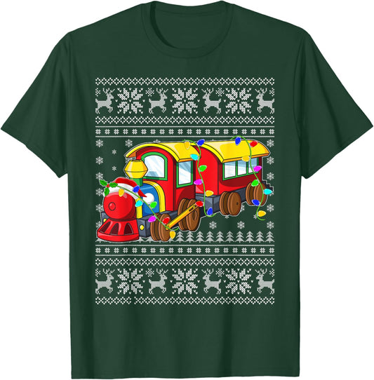 Ugly Sweater Xmas Lights Santa Hat Train Christmas T-Shirt - T-Shirt | Forest