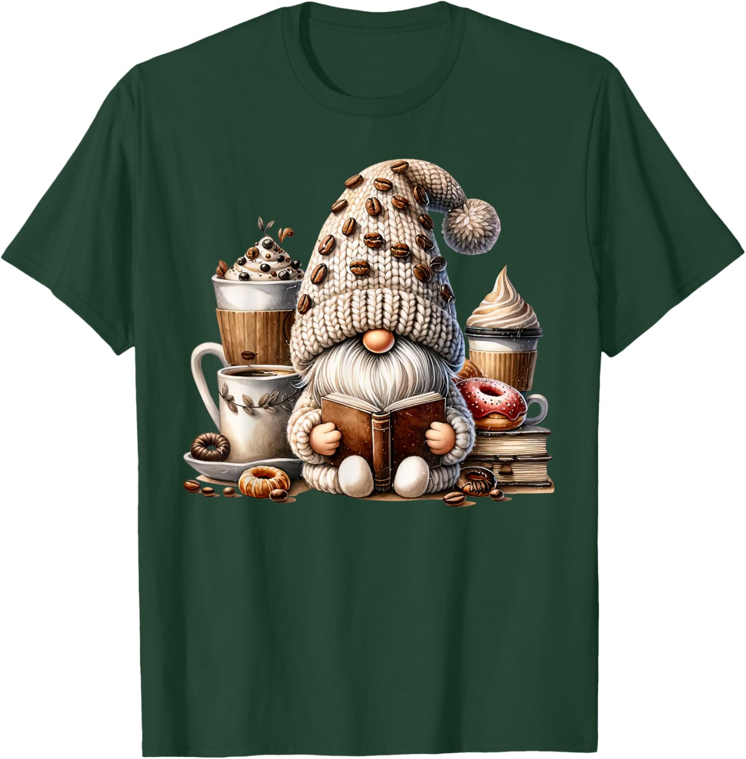 Vintage Cute Gnome Reading Book Coffee Latte Men Women Kids T-Shirt - T-Shirt | Forest