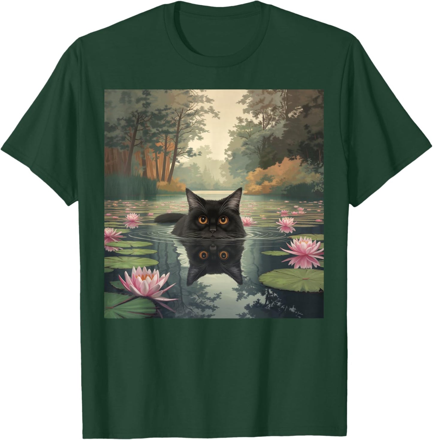 Black Cat Monets Cat Waterlily T-Shirt - T-Shirt | Forest