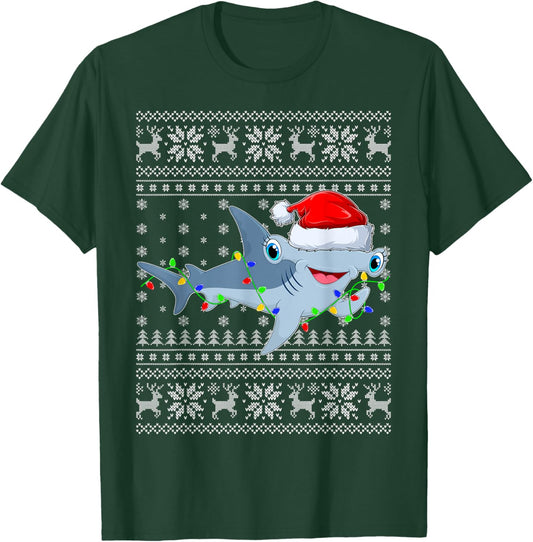 Ugly Sweater Xmas Lights Santa Hammerhead Shark Christmas T-Shirt - T-Shirt | Forest