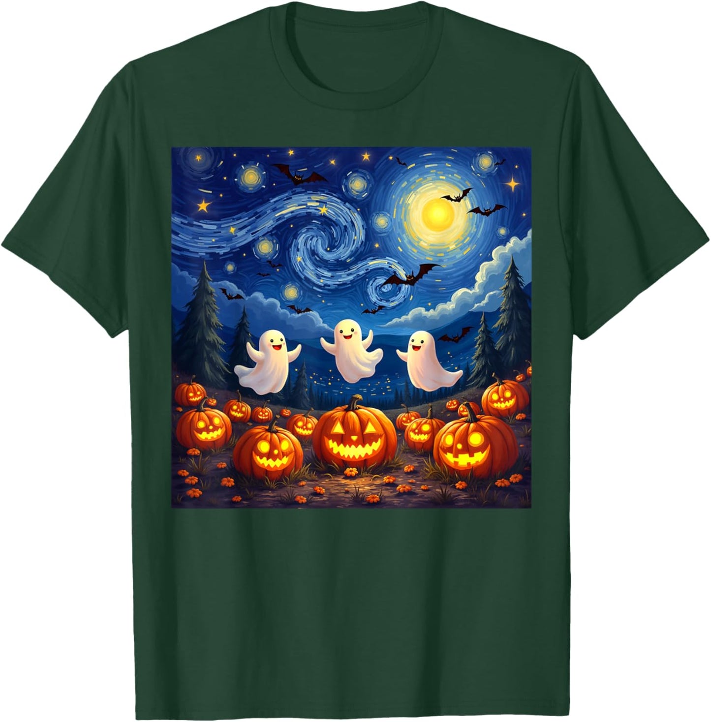 boo ghost halloween pumpkin Starry Night Van Gogh men women T-Shirt - T-Shirt | Forest