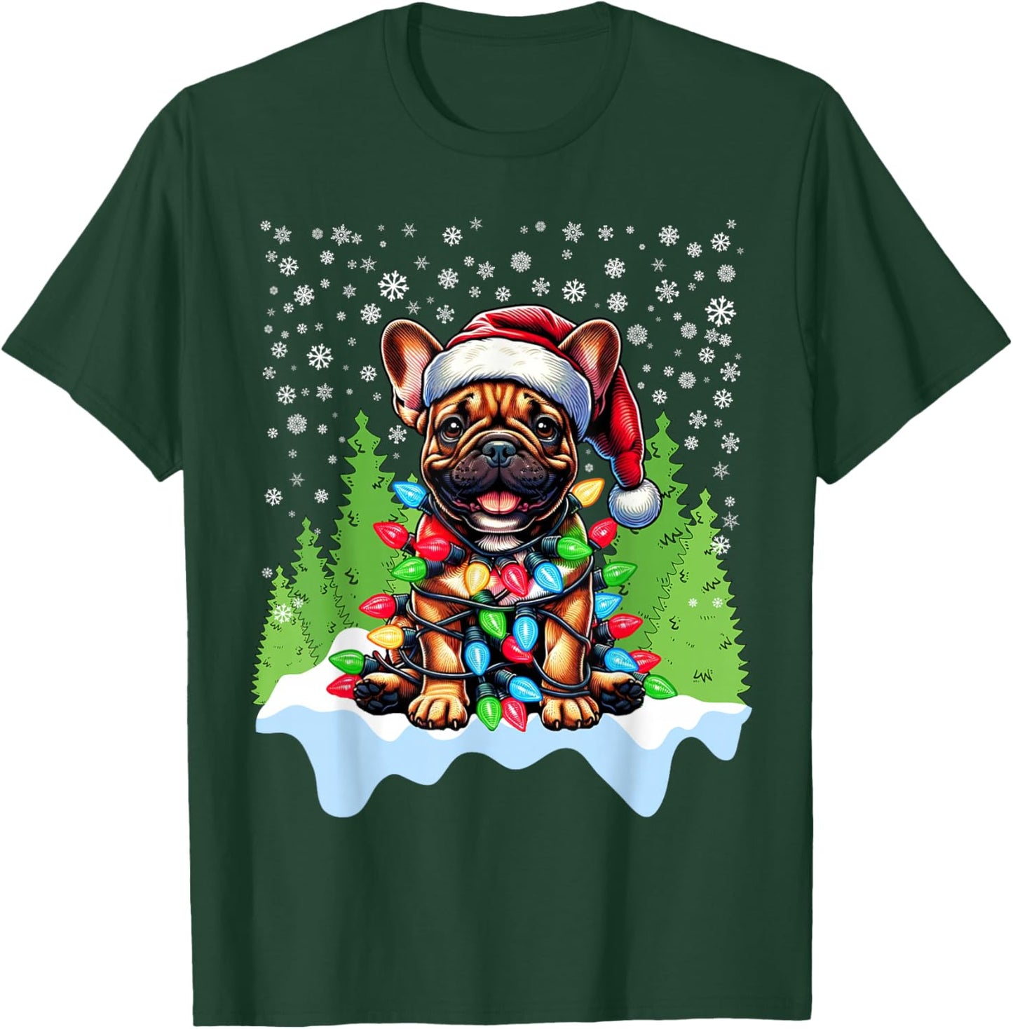 French Bulldog Christmas Santa Hat Lights Tree Snowflakes T-Shirt - T-Shirt | Forest
