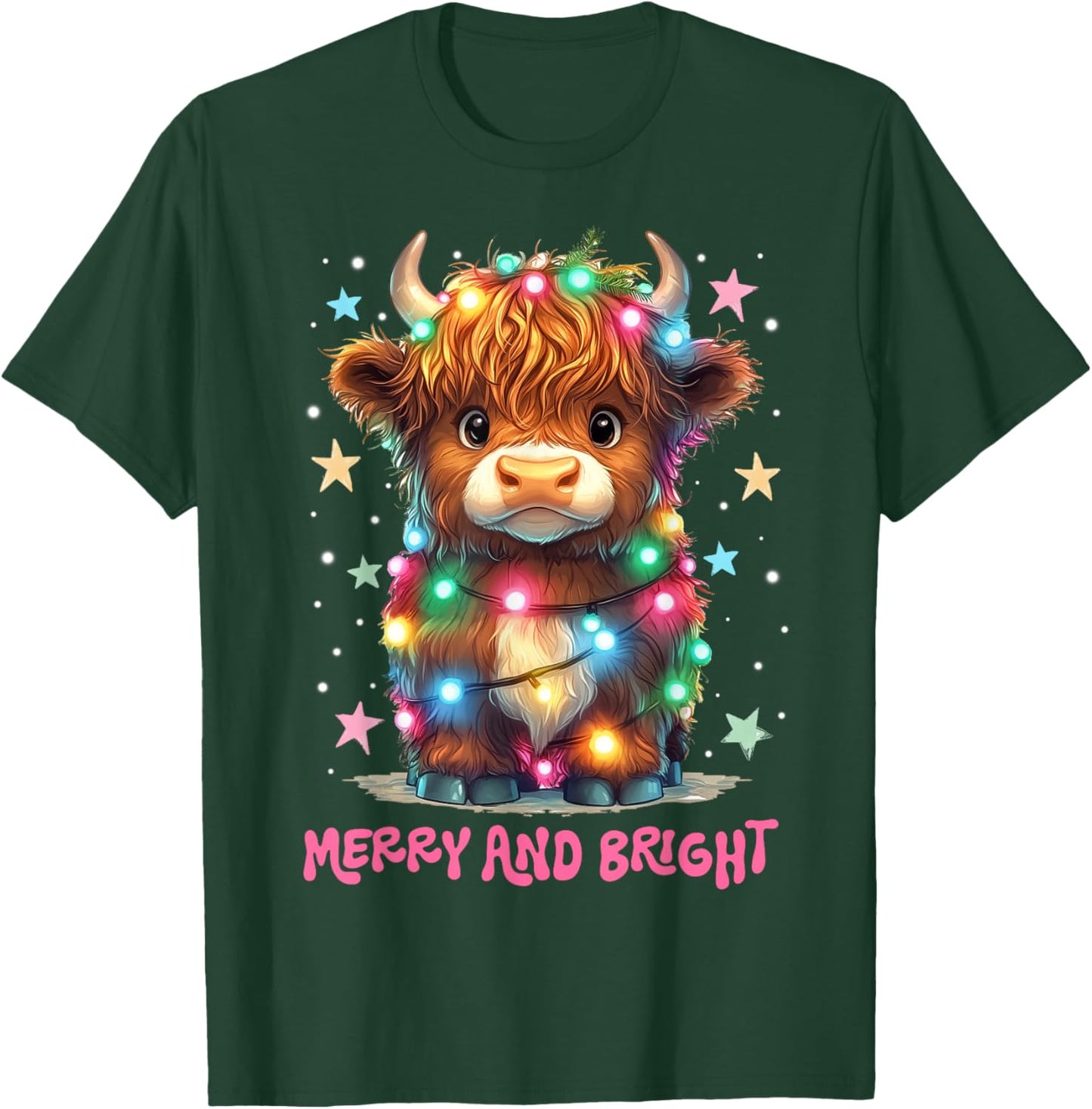 Merry And Bright Cute Highland Cow Christmas Xmas Lights T-Shirt - T-Shirt | Forest