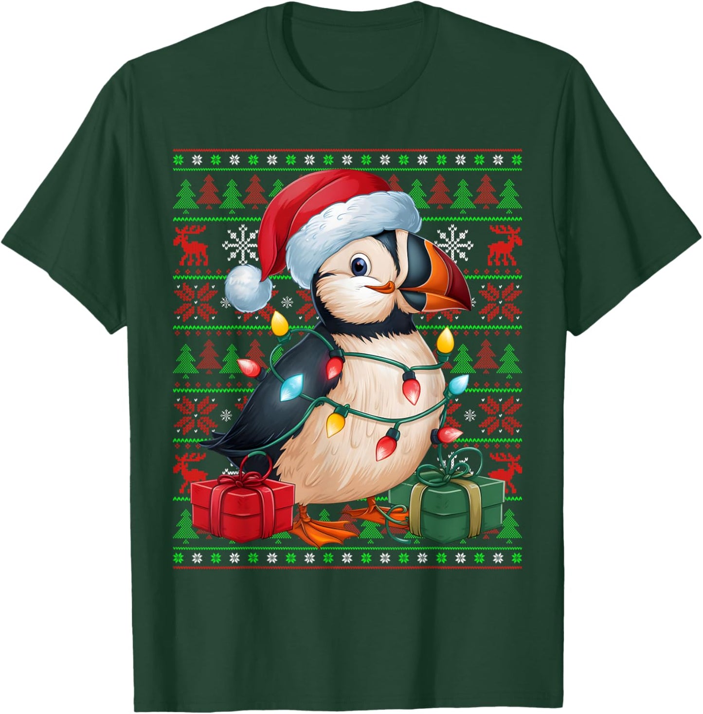 Puffin Bird Xmas Lights Ugly Santa Hat Puffin Christmas T-Shirt - T-Shirt | Forest