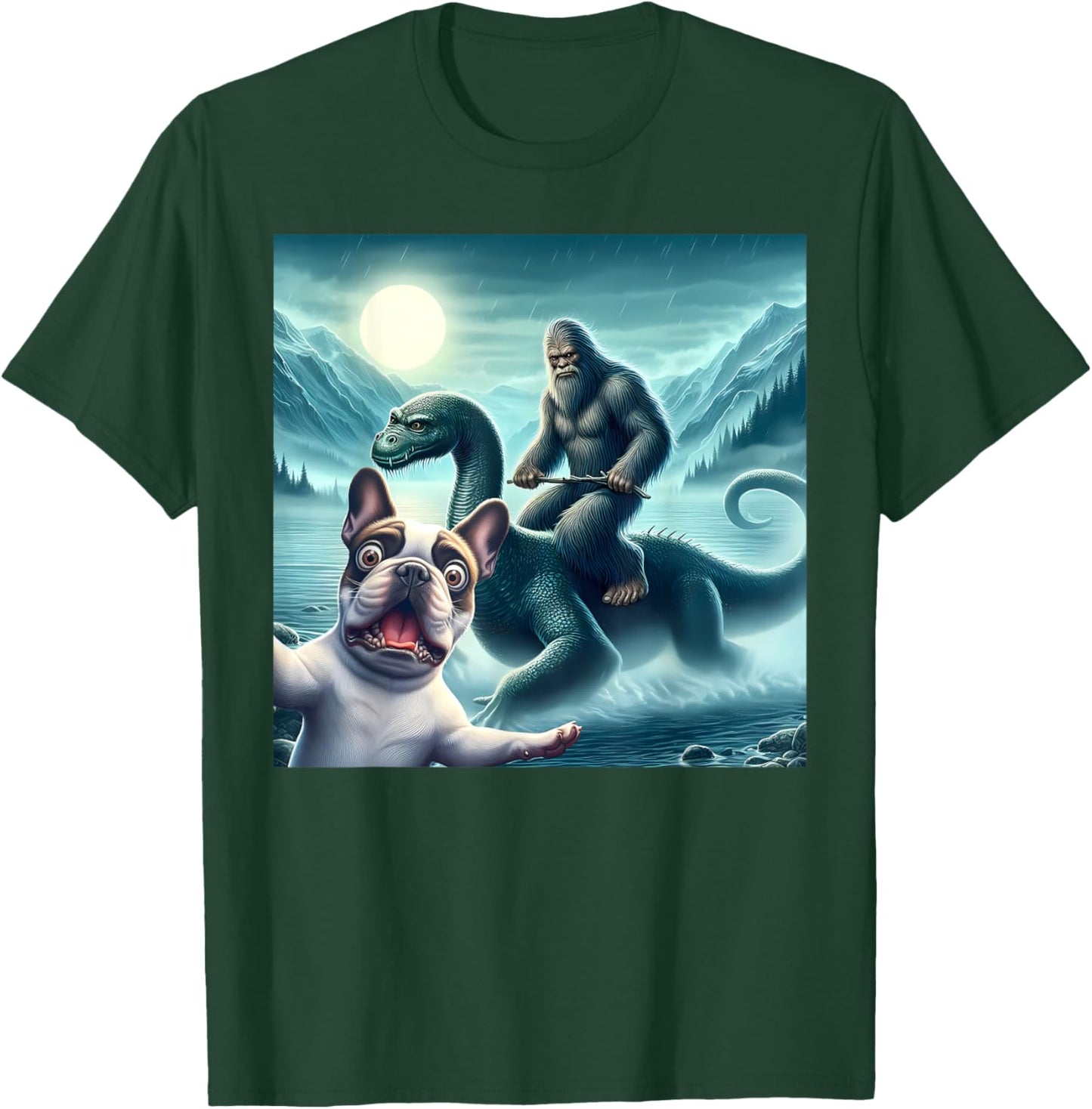French bulldog Selfie with bigfoot riding loch Ness T-Shirt - T-Shirt | Forest