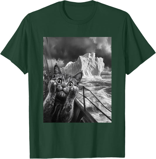 Funny Titanic Iceberg Scared Surprised Cat Selfie T-Shirt - T-Shirt | Forest
