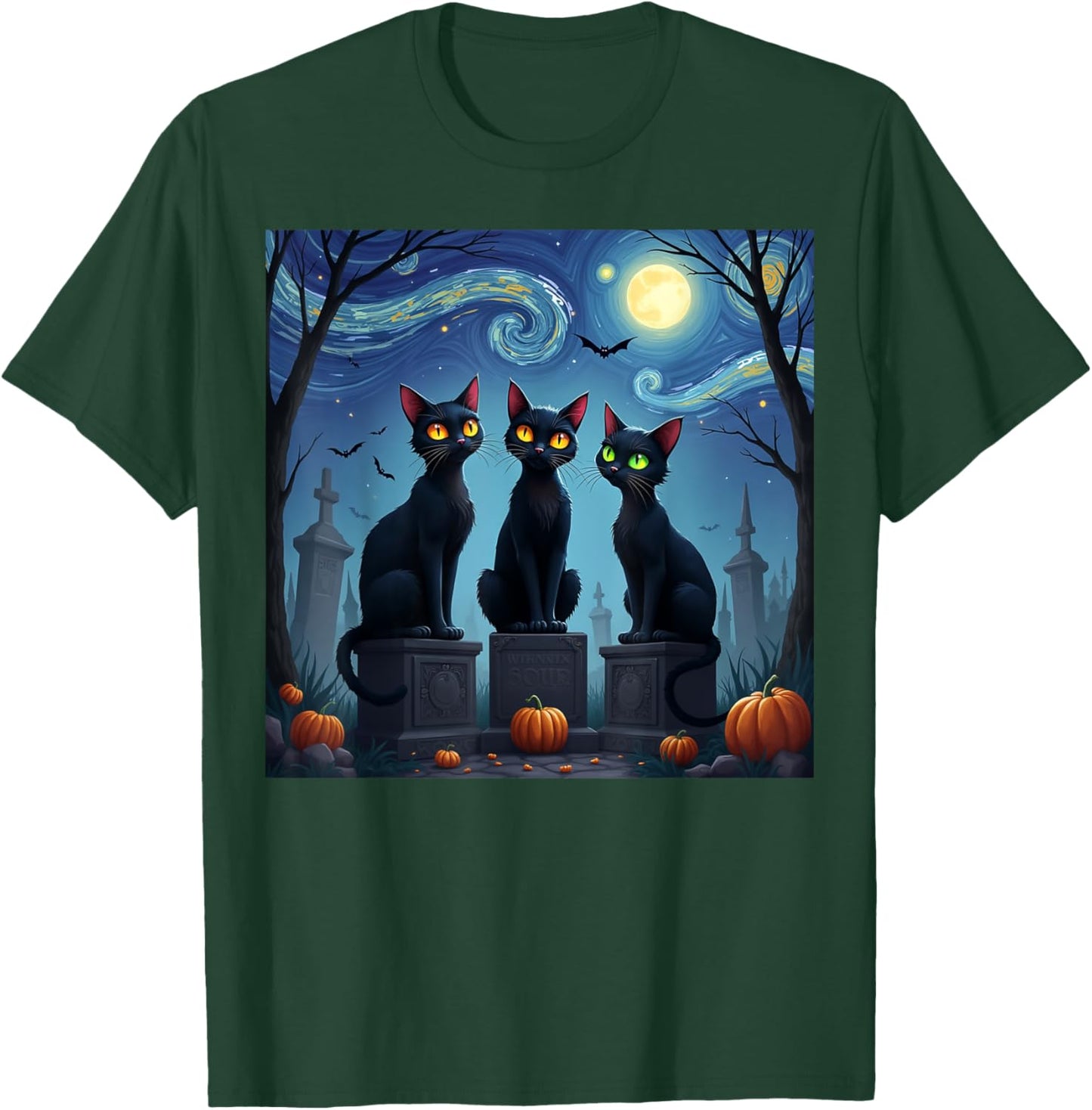Black Cat Halloween Cat Lovers Starry Night Cat Van Gogh men T-Shirt - T-Shirt | Forest