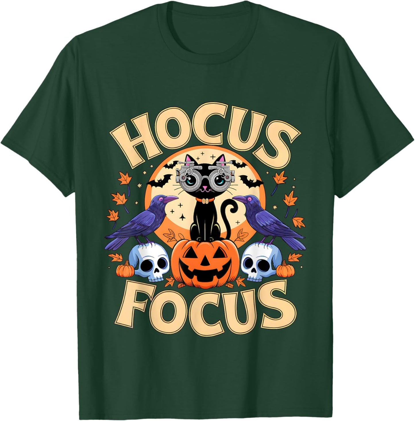 Hocus Focus Optometry Halloween Shirt Eye Doctor Cat Spooky T-Shirt - T-Shirt | Forest