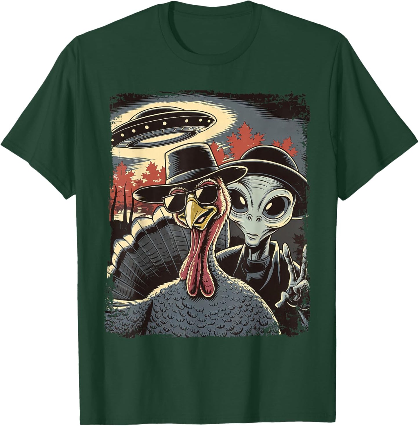 Alien Selfie With Turkey Thanksgiving Funny Photo UFO T-Shirt - T-Shirt | Forest