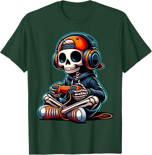 Funny Skeleton Playing Video Game Halloween Shirt Boys Gamer T-Shirt - T-Shirt | Forest