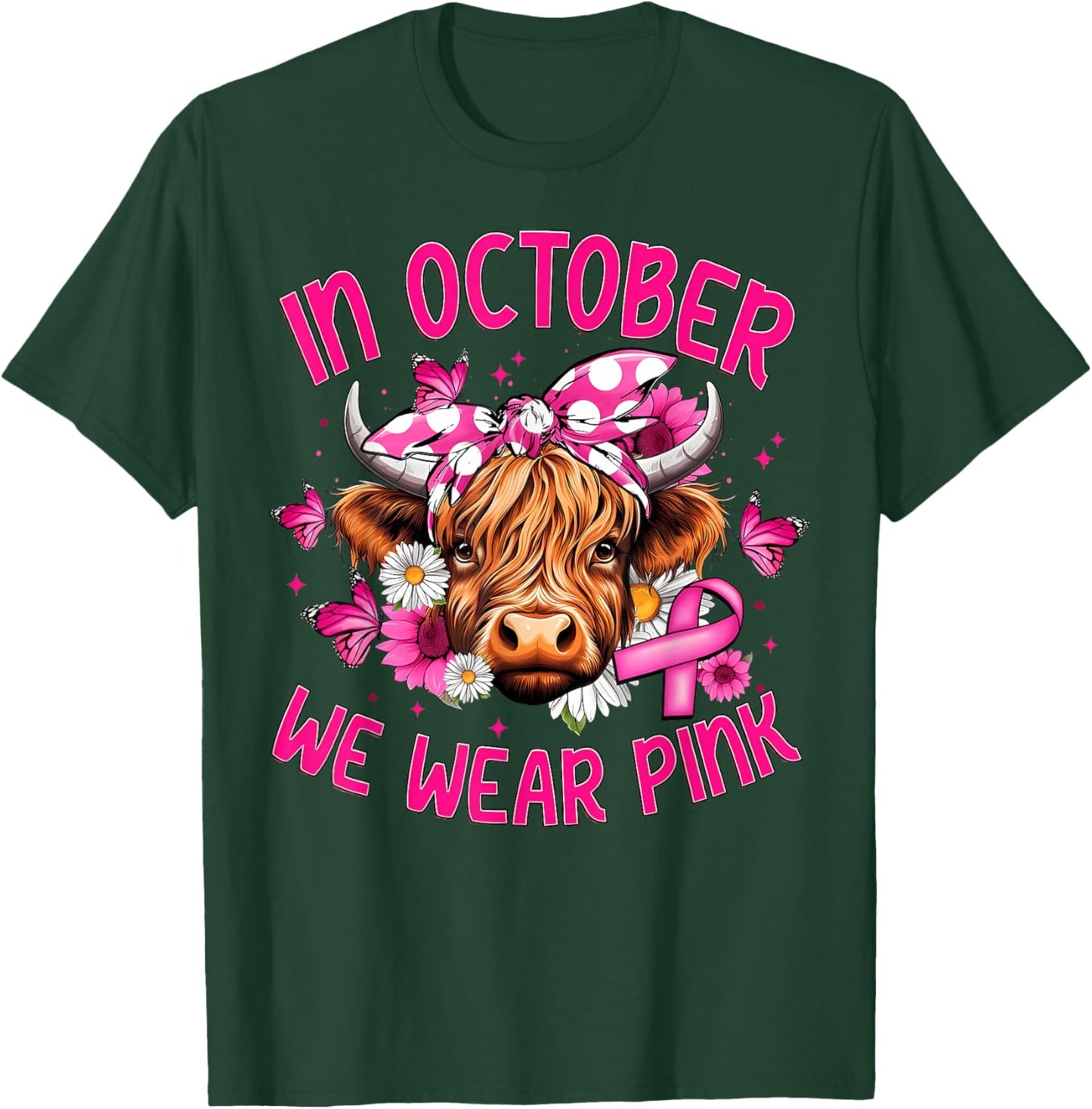 In October We Wear Pink Highland Cow Breast Cancer Awareness T-Shirt - T-Shirt | Forest