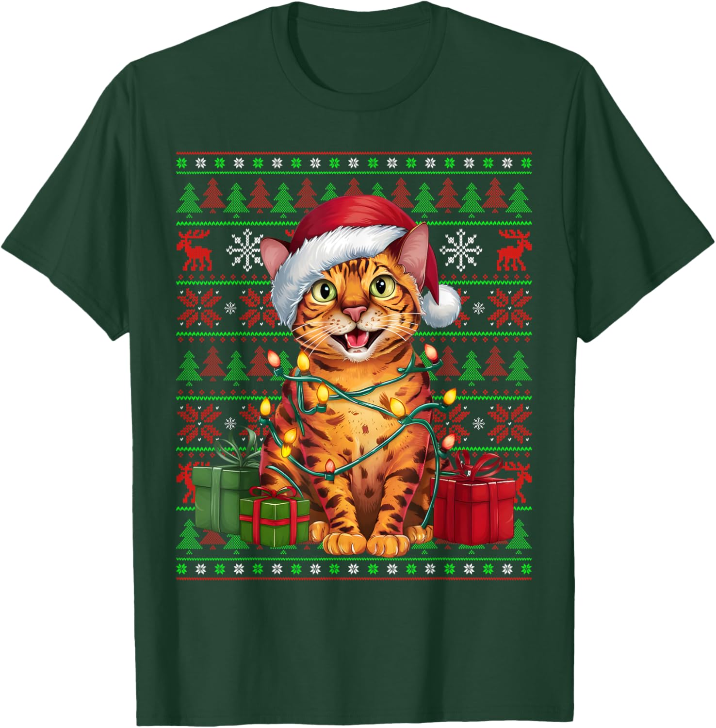 Bengal Cat Xmas Lights Ugly Santa Hat Bengal Cat Christmas Men Women Kids T-Shirt - T-Shirt | Forest