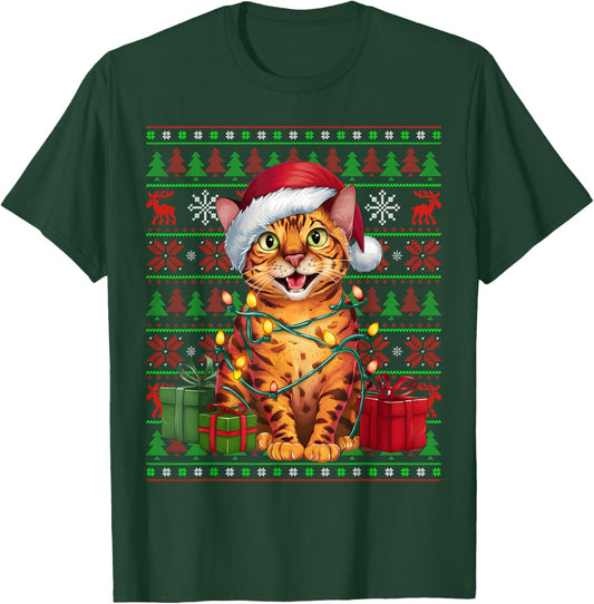 Bengal Cat Xmas Lights Ugly Santa Hat Bengal Cat Christmas Men Women Kids T-Shirt - T-Shirt | Forest
