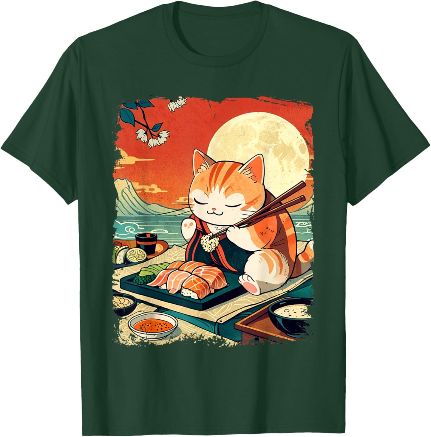 Ukiyo-e Art Japanese Funny Cat Eating Sushi T-Shirt - T-Shirt | Forest