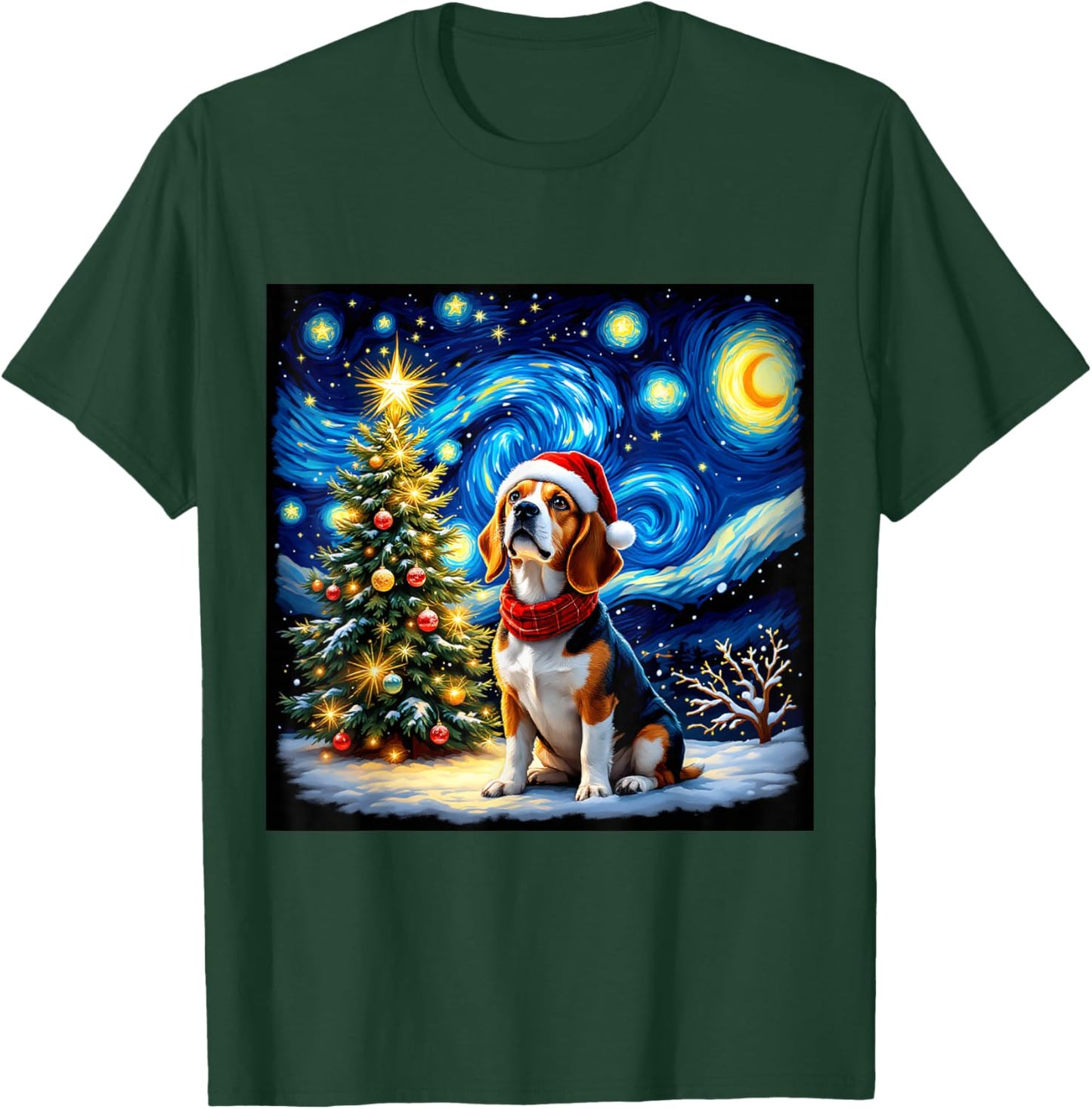 Beagle Starry Night Christmas Van Gogh Dog Santa Hat Holiday T-Shirt - T-Shirt | Forest