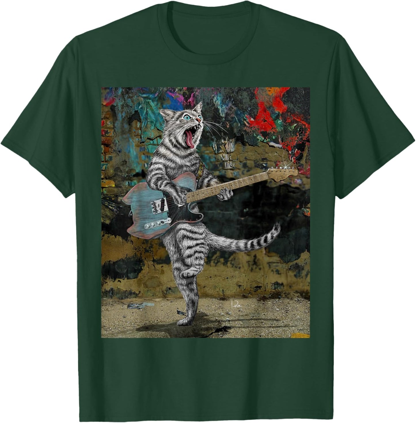 Cat Guitar Buskers Electric Guitar Player Funny Cute Kitty T-Shirt - T-Shirt | Forest