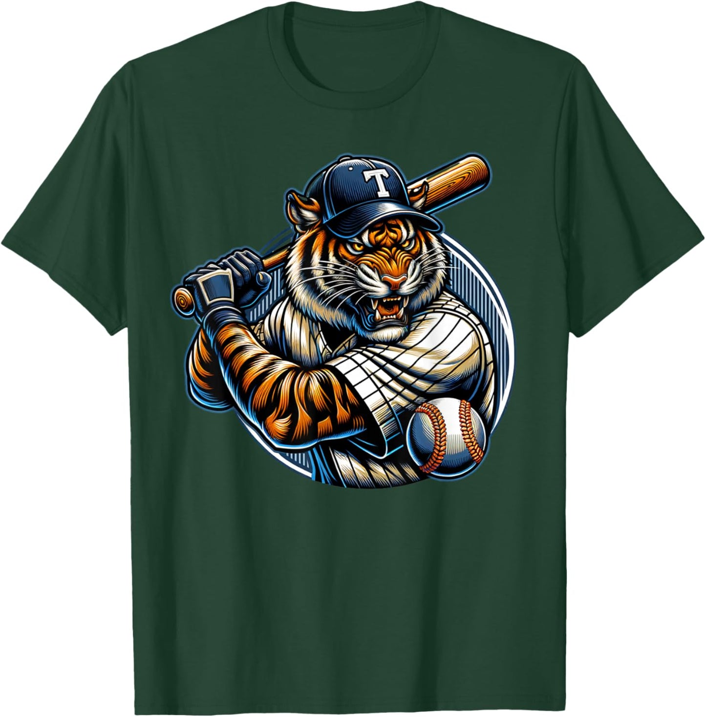 Funny Vintage Tiger Playing Baseball Cute Baseball Men Women T-Shirt - T-Shirt | Forest