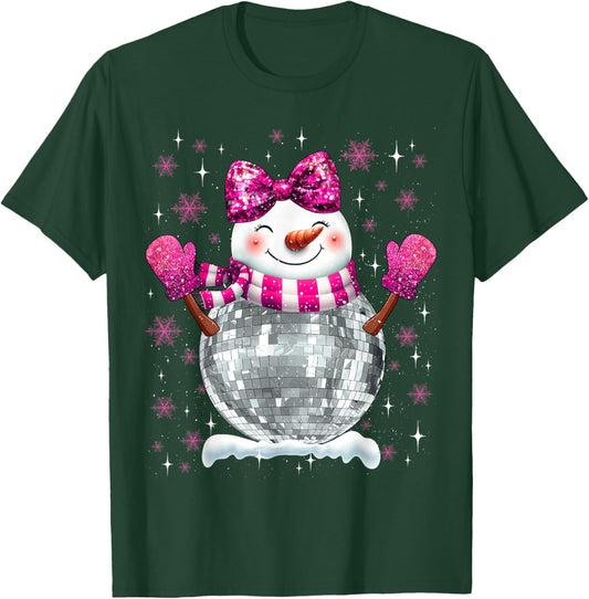 Cute Snowman Disco Ball Christmas Coquette Bow Women Girls T-Shirt - T-Shirt | Forest