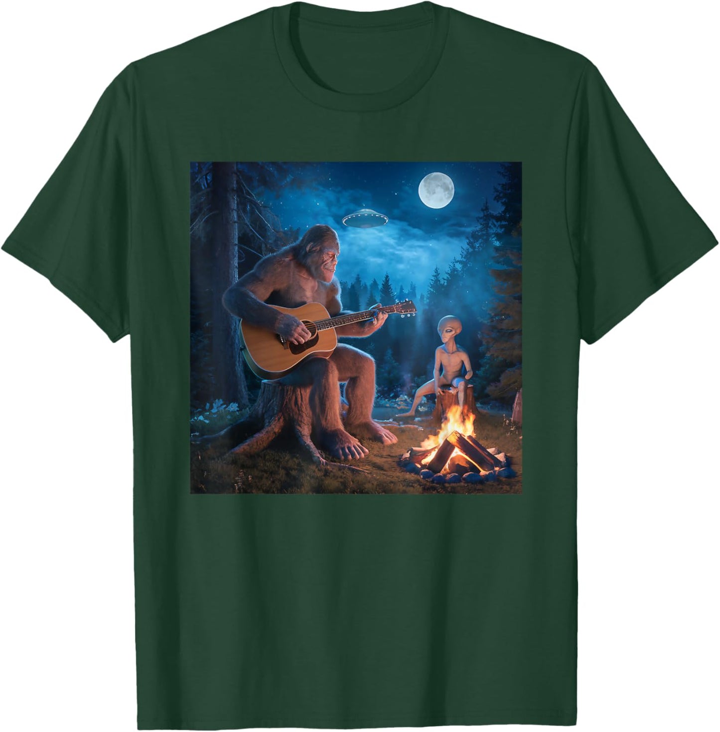 Bigfoot Alien Sasquatch Campfire UFO Music Night Scene T-Shirt - T-Shirt | Forest