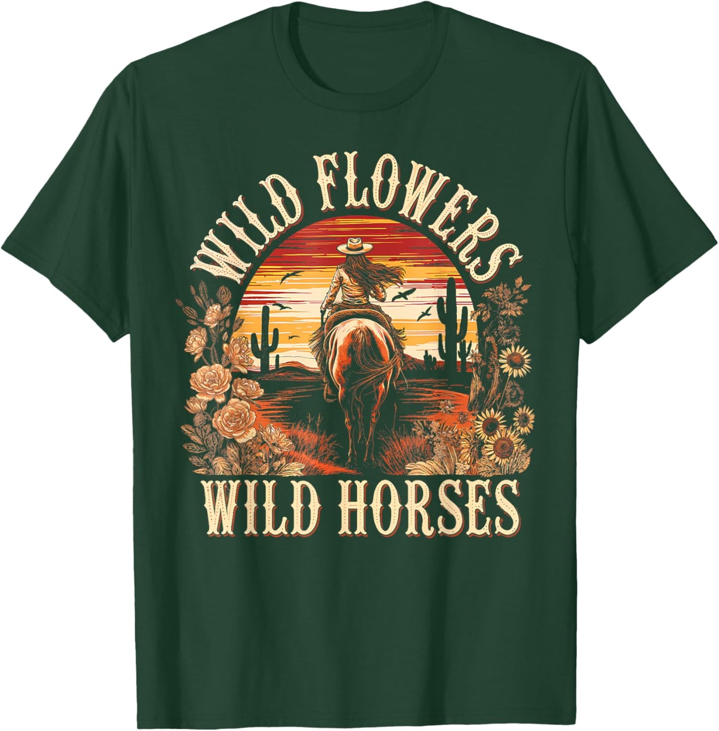 Vintage Flowers Horses Cowgirl Western Sunset Riding Horse T-Shirt - T-Shirt | Forest