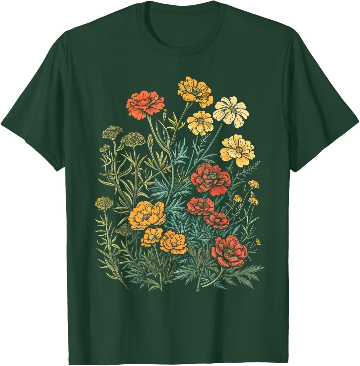 Vintage Botanical Marigold Flower Girl Cute Floral Plant Mom T-Shirt - T-Shirt | Forest