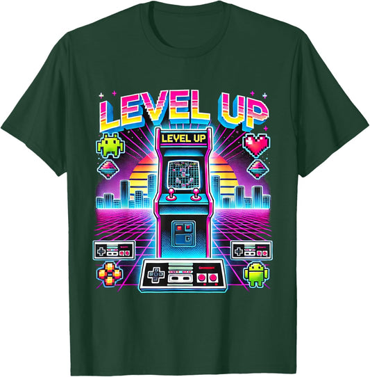 Level-Up for Gamers Nostalgic Retro Arcade T-Shirt - T-Shirt | Forest