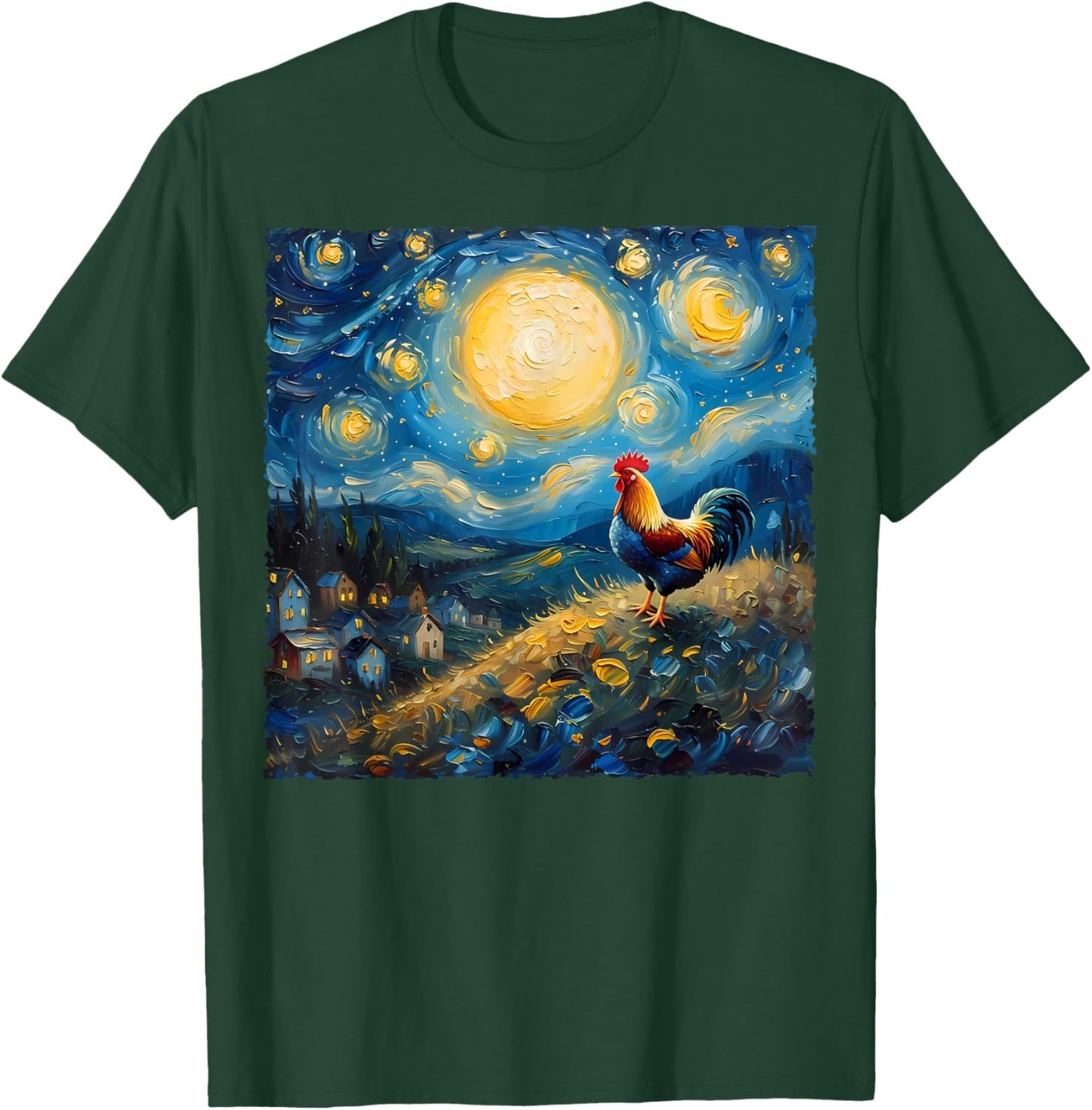 Van Gogh Style Funny Rooster Lover The Starry Night Painting T-Shirt - T-Shirt | Forest