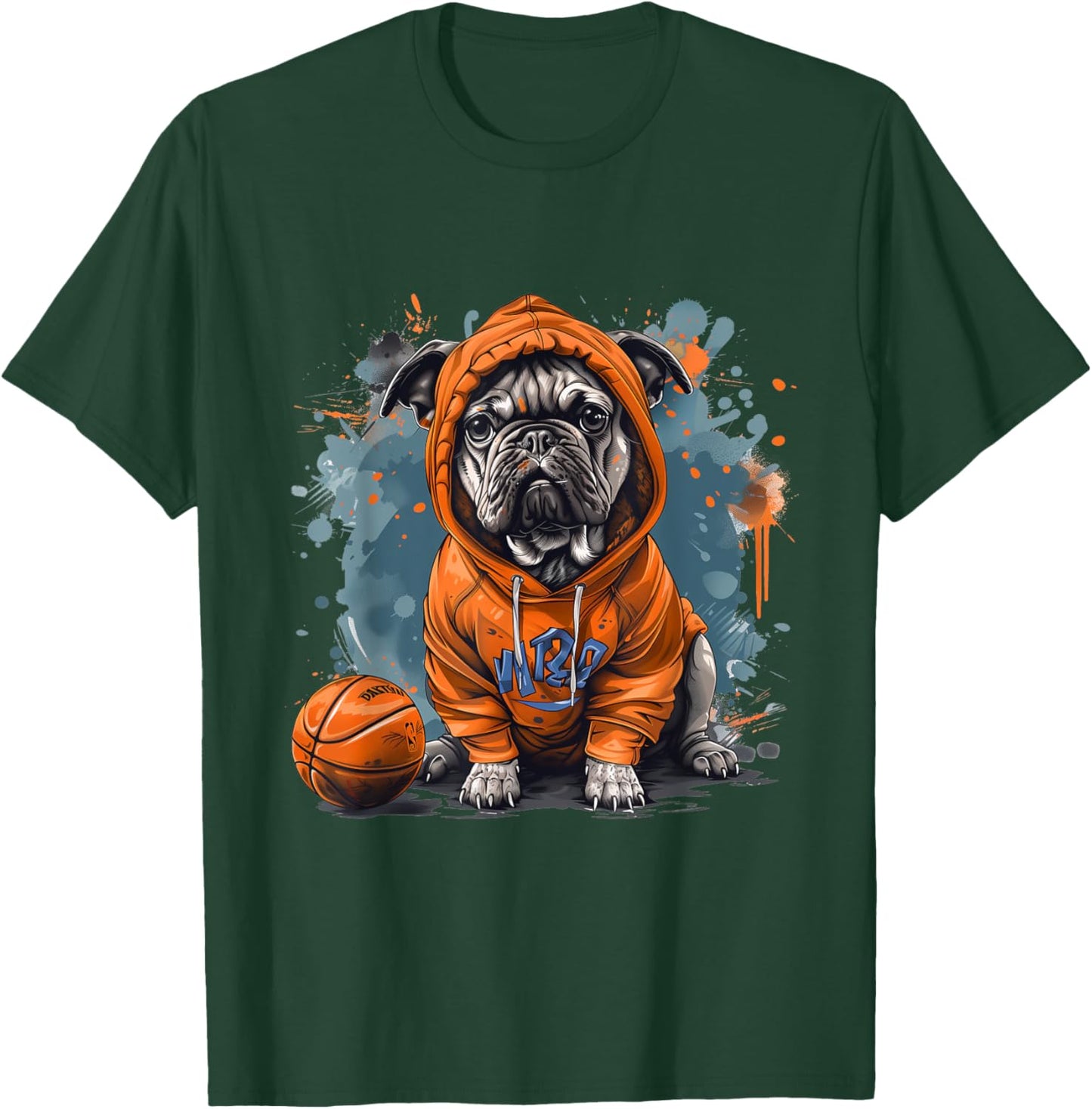 Cute French Bulldog Basketball Cool Dog Sports Orange Blue T-Shirt - T-Shirt | Forest