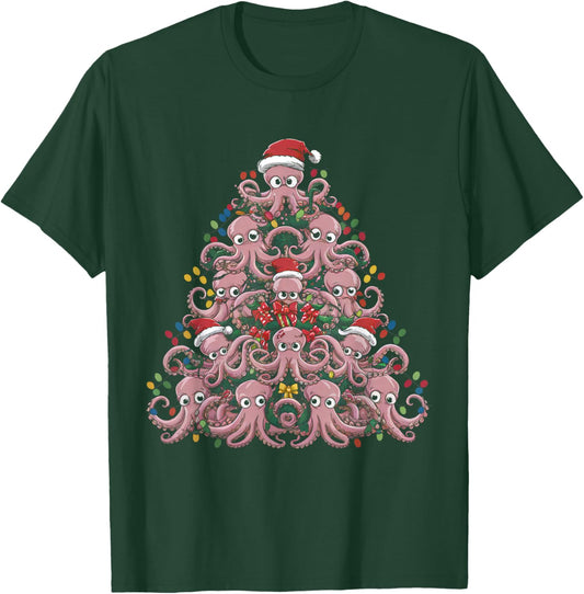 Octopus Xmas Lighting Santa Funny Octopus Christmas Tree T-Shirt - T-Shirt | Forest
