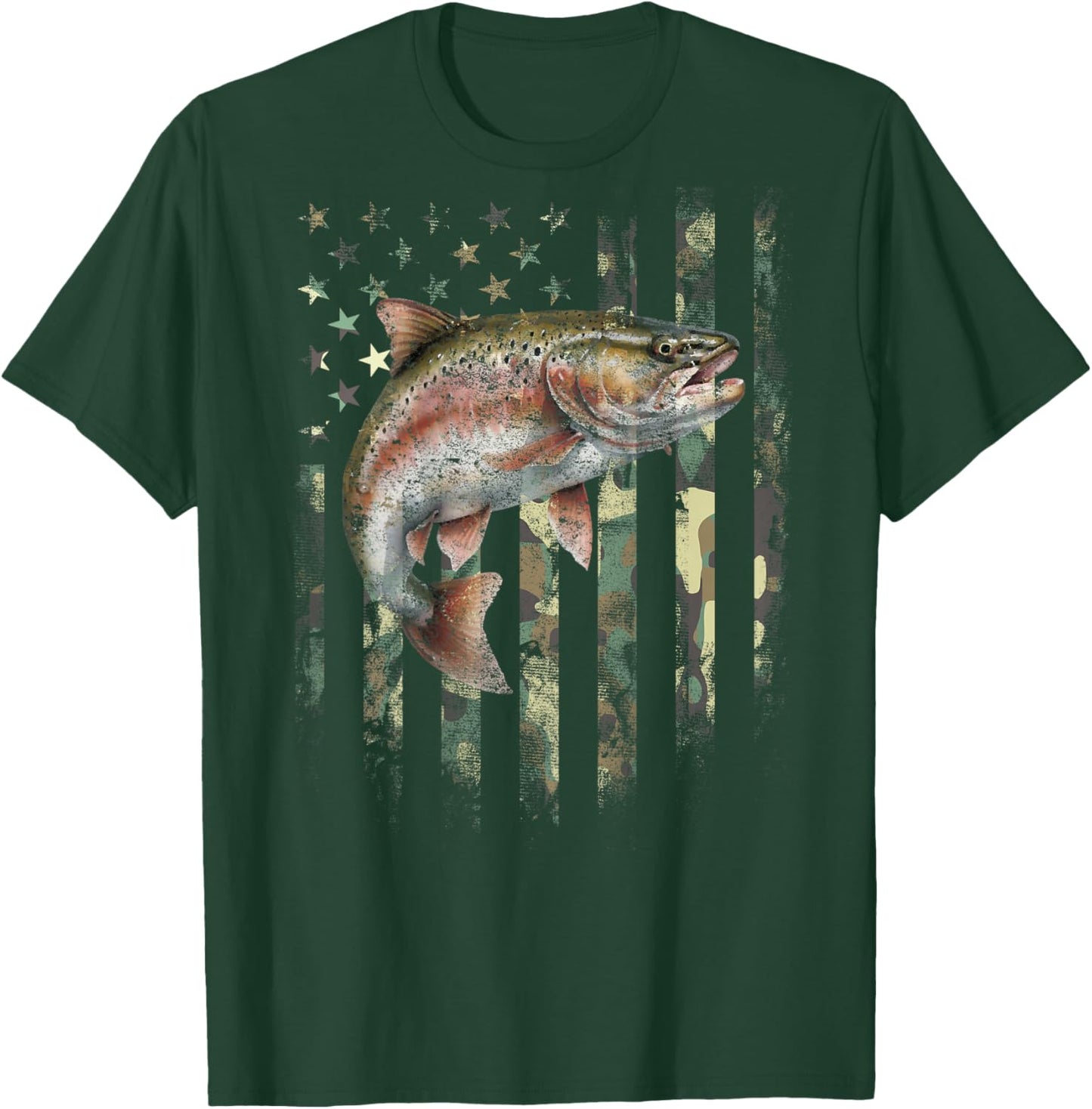 (Art on Back) Camo American Flag Trout Fish Fishing T-Shirt - T-Shirt | Forest