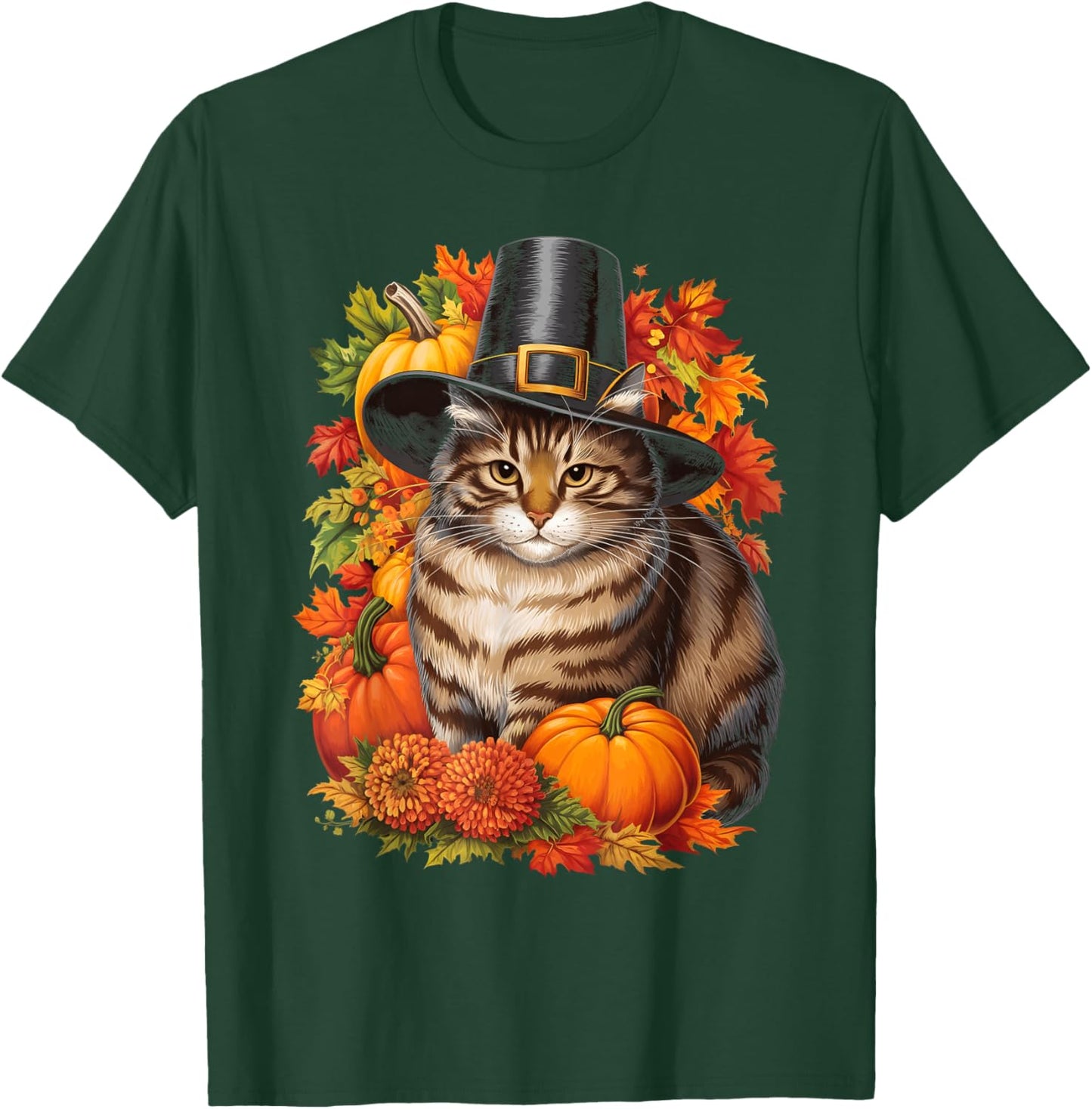 Thanksgiving Pilgrim Cat Lover Autumn Leaves Men Women Kids T-Shirt - T-Shirt | Forest